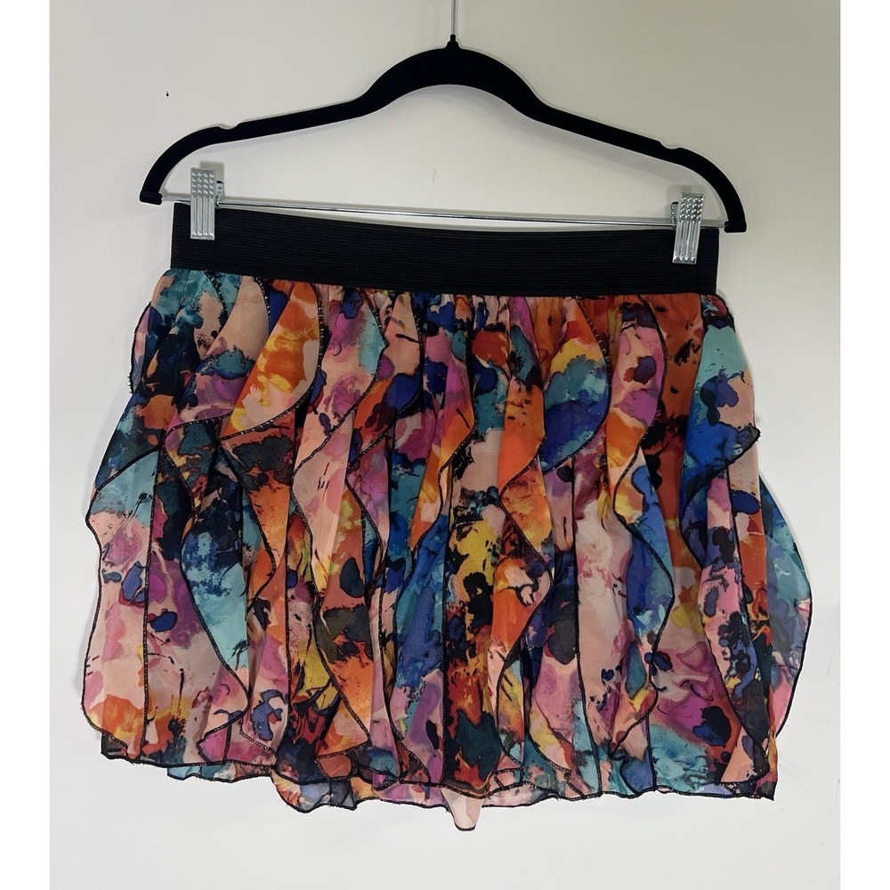 Colorful Abstract Watercolor Chiffon Mini Skirt Y2K‎ Ruffle Elastic Festival